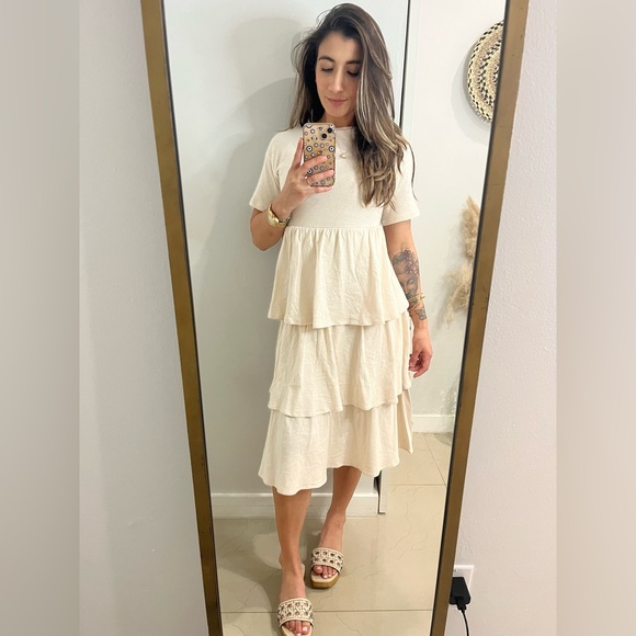 ZARA \ Women’s Cotton Cream Ruffle Tiered Elegant Midi Dress NWT - Picture 3 of 5